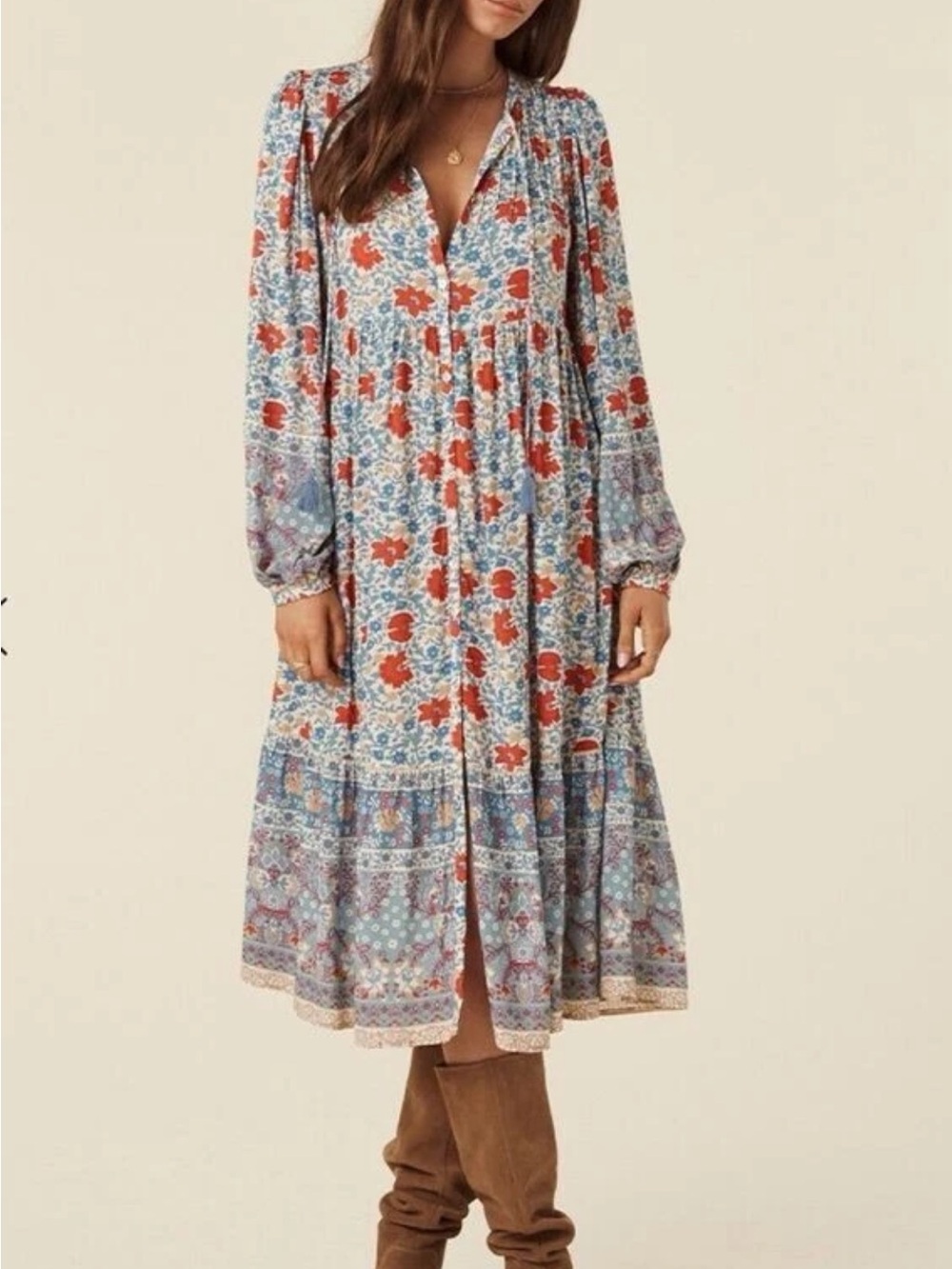 Spell Floral Button-Front Midi Dress in Blue and Red